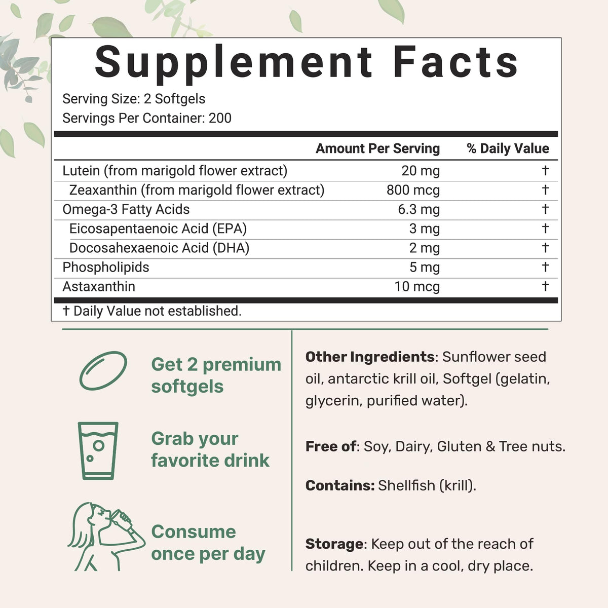 Gélules de Luteine 20mg avec ingrédients actifs visibles