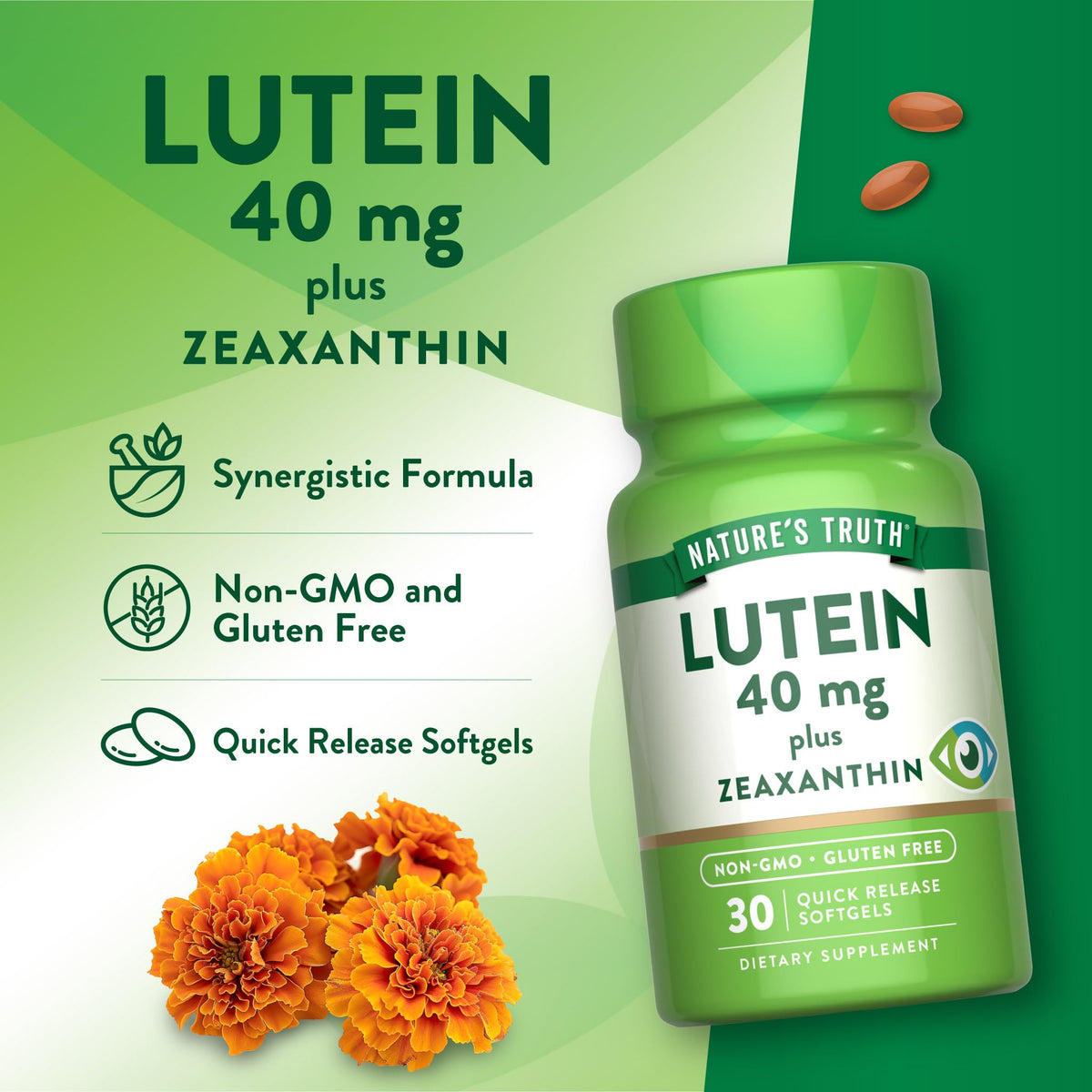 Gélules de Luteine Nature's Truth dans une main, mise en scène naturelle