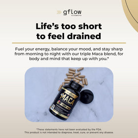 gélules de Maca Bio gflow vitamins avec un verre d'eau