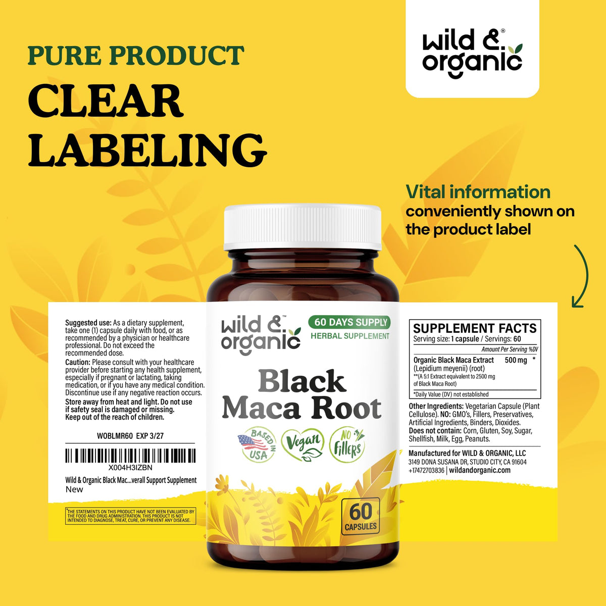 Gélules de Maca Noire Wild & Organic, bouteille ouverte avec gélules