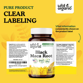 Gélules de Maca Noire Wild & Organic, bouteille ouverte avec gélules