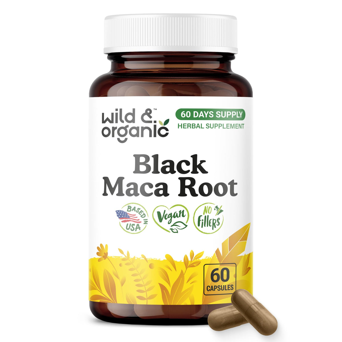 Gélules de Maca Noire Wild & Organic, vue de face de l'emballage
