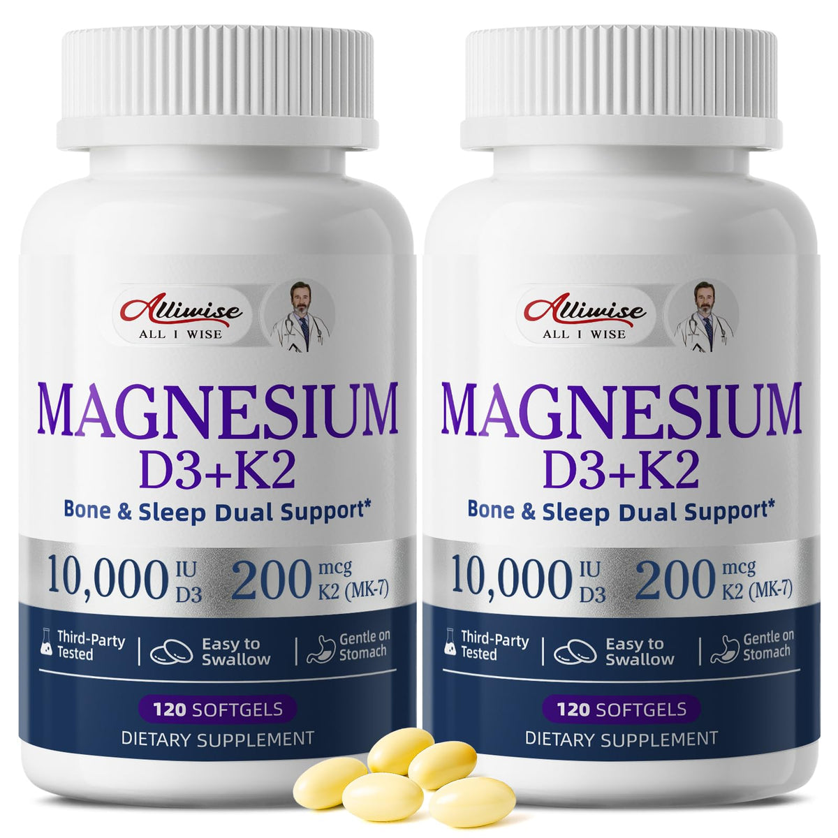Gélules de magnésium Alliwise avec Vitamine D3 et K2 MK-7, vue de face