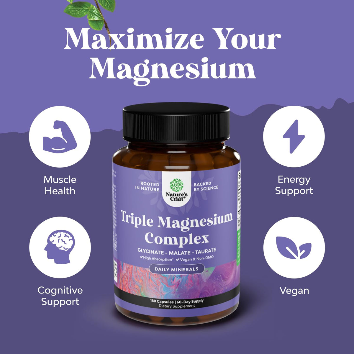 Gélules de magnésium glycinate et malate de Natures Craft sur fond blanc