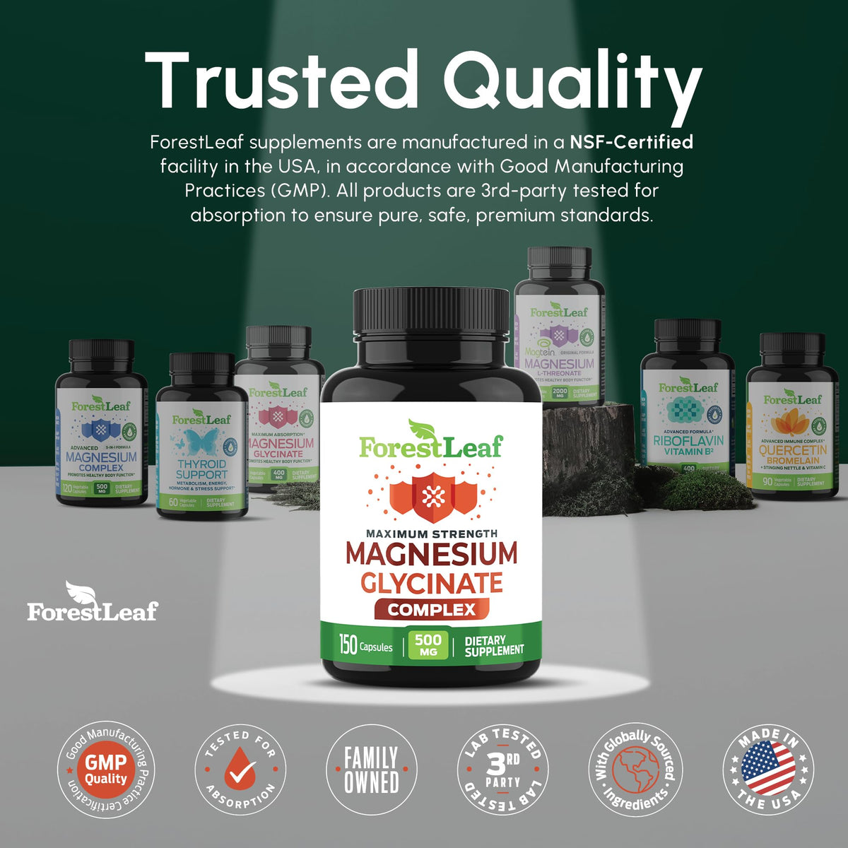 Gélules de magnésium glycinate ForestLeaf sur une table en bois