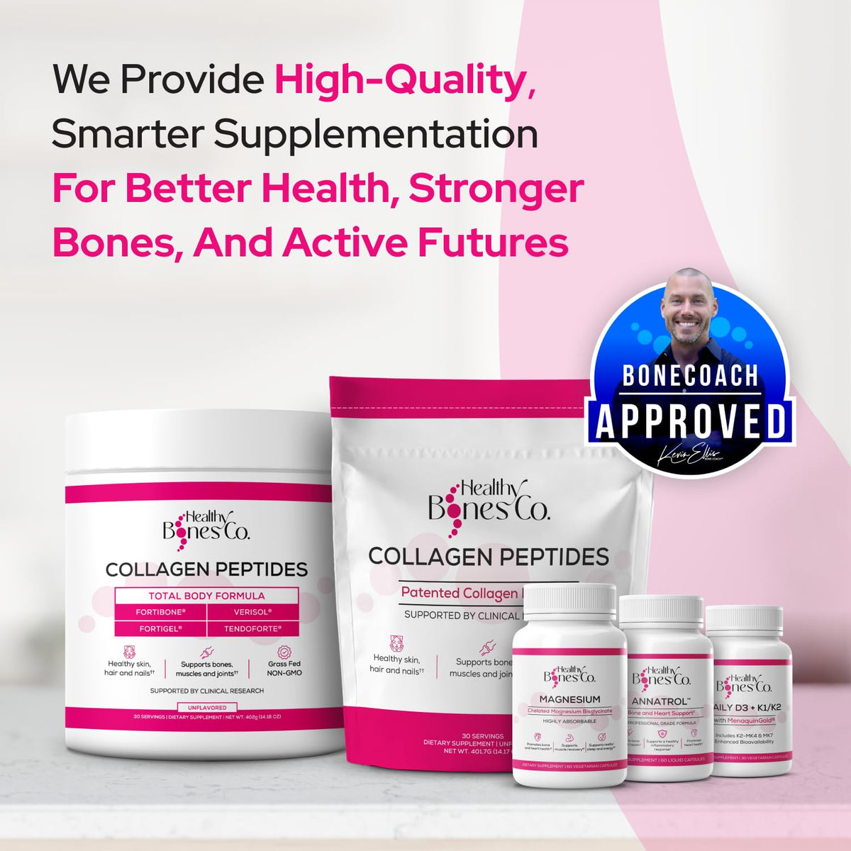 Gélules de magnésium glycinate Healthy Bones Co. sur un fond blanc