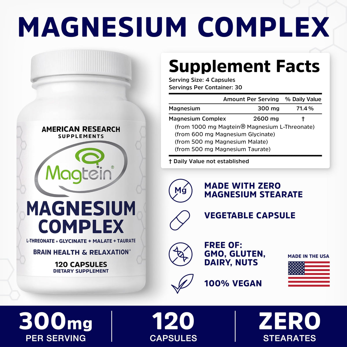Gélules de Magnésium L-Thréonate American Research Supplements sur une surface en bois
