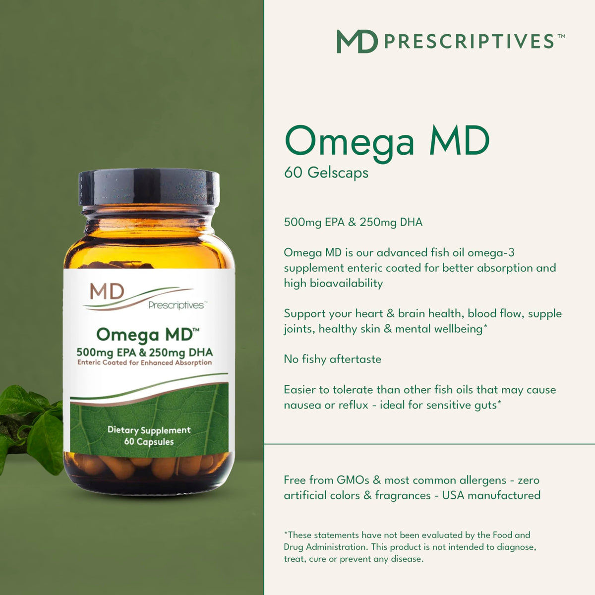 Gélules de MD Prescriptives Omega MD sur une table