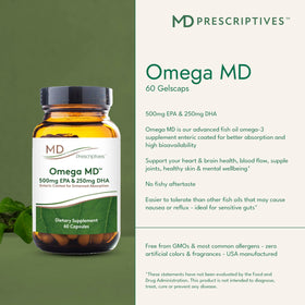 Gélules de MD Prescriptives Omega MD sur une table