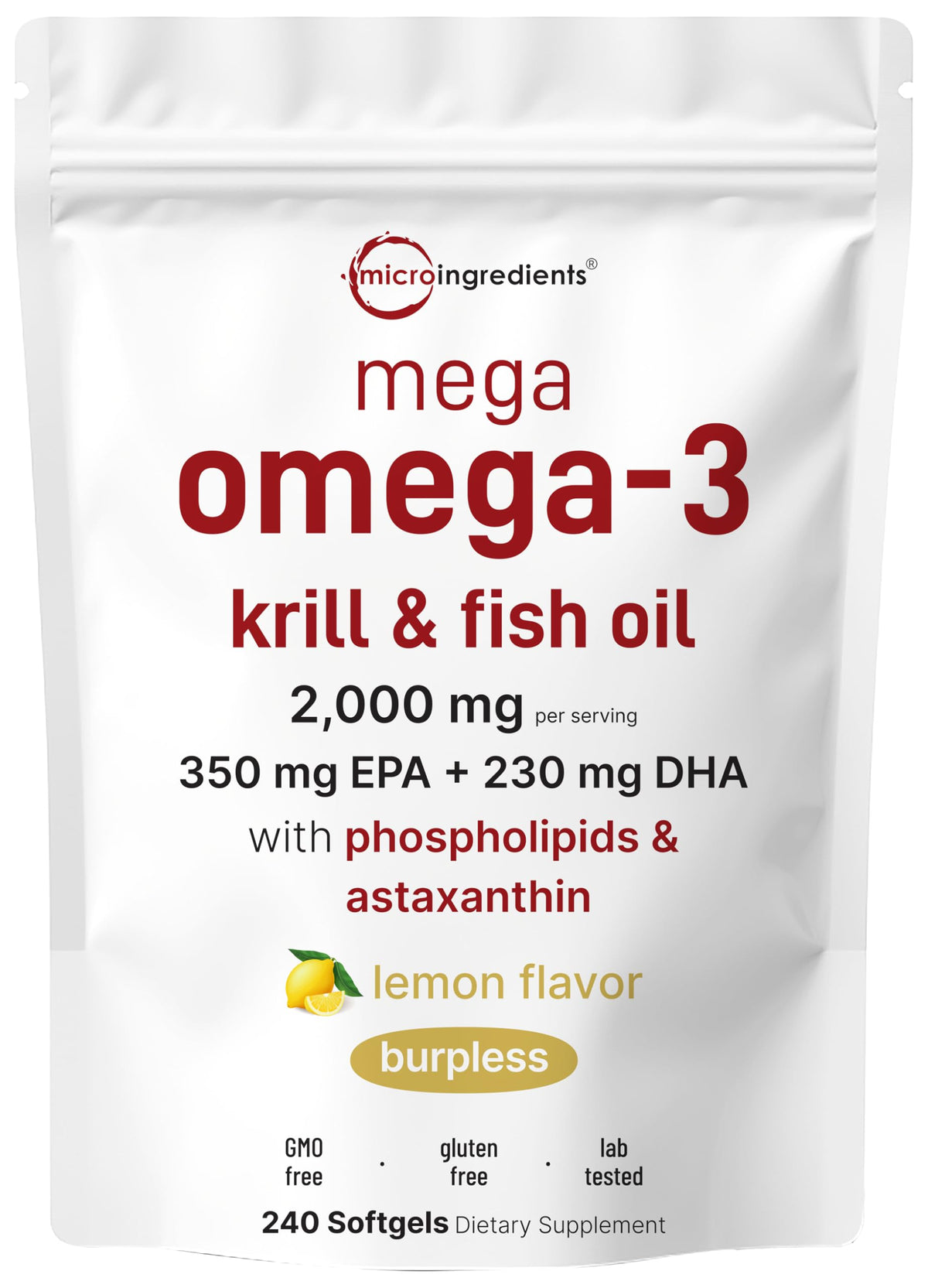 Gélules de Mega Omega-3 Krill & Fish Oil de Micro Ingredients, sachet de 240 gélules