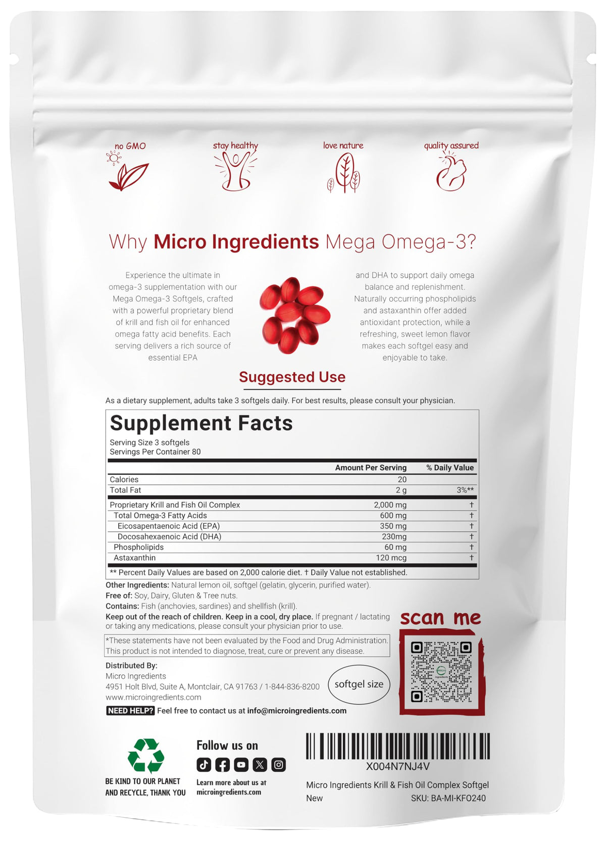 Gélules de Mega Omega-3 Krill & Fish Oil de Micro Ingredients, vue de côté