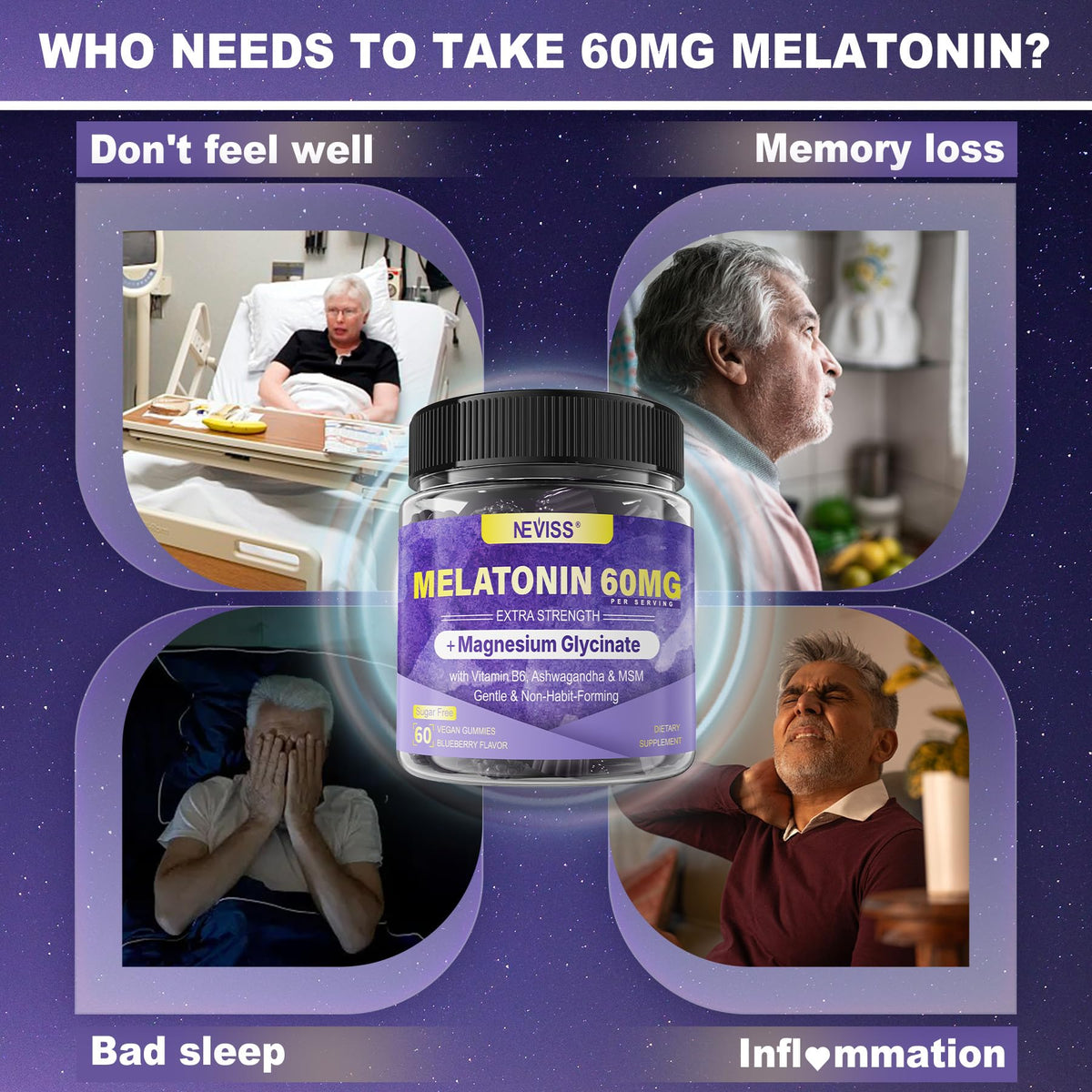 Gélules de Mélatonine NEVISS 60mg dans un environnement de nuit