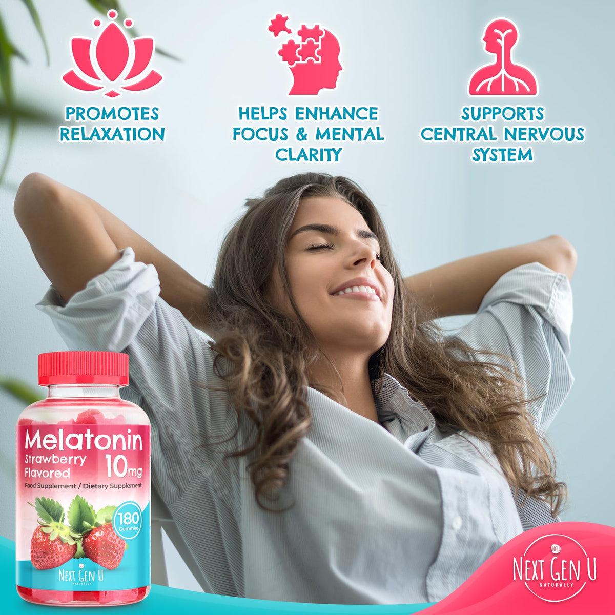 Gélules de mélatonine NGU Next Gen U, 10 mg, gélules au goût fraise, vue de haut