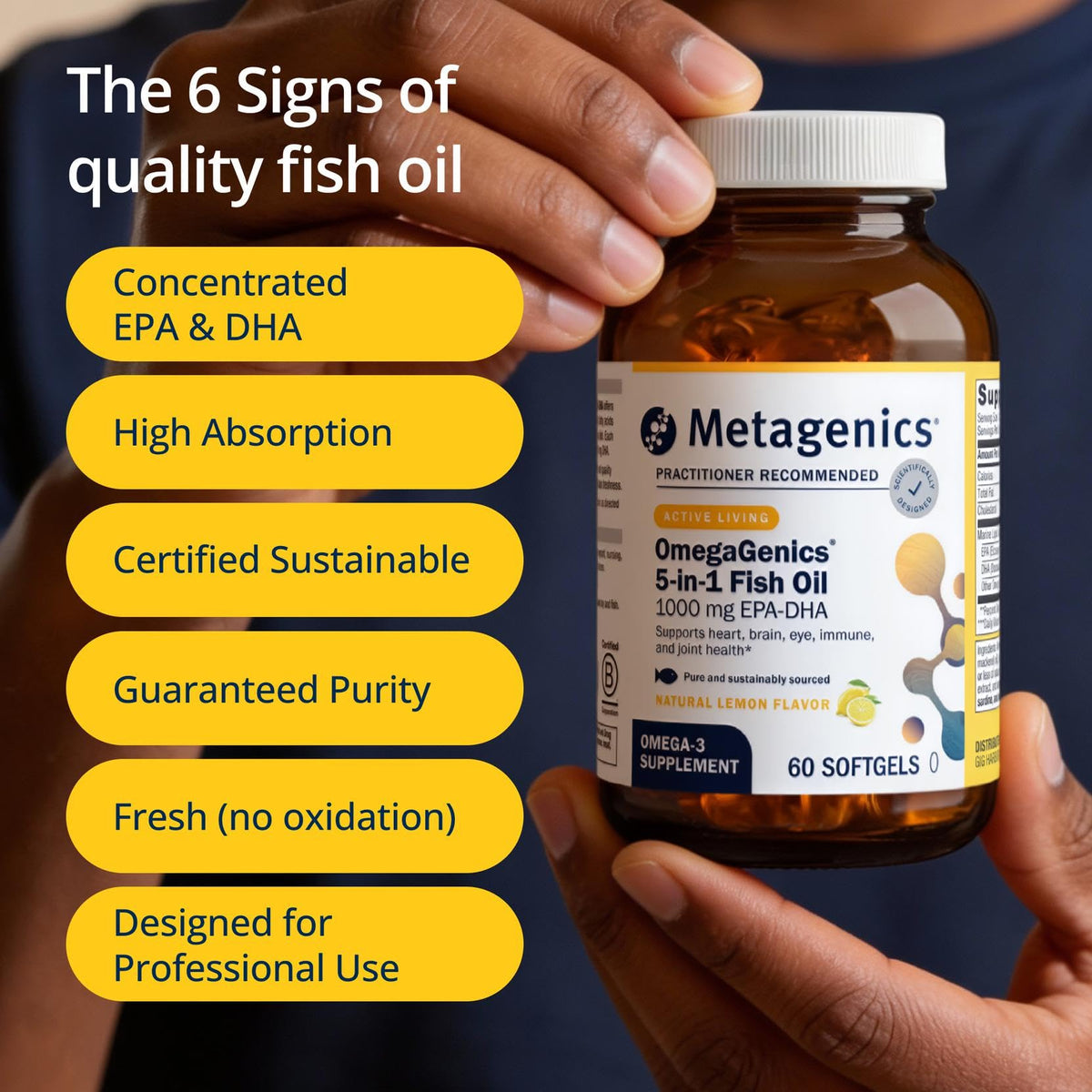 Gélules de Metagenics OmegaGenics Omega-3 sur une table