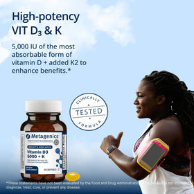 Gélules de Metagenics Vitamine D3 et K2 5 000 UI, vue de près