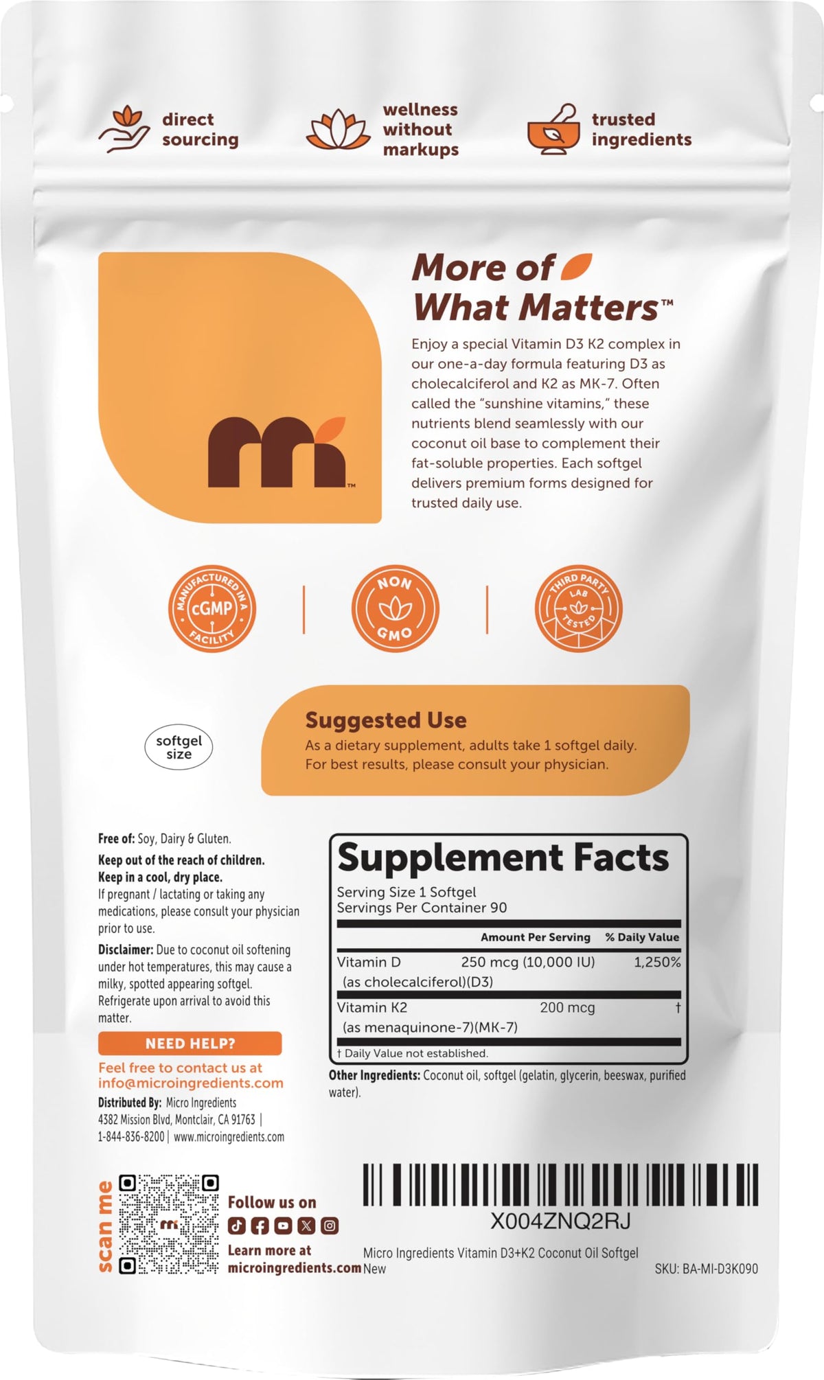 Gélules de Micro Ingredients D3 + K2 avec huile de noix de coco