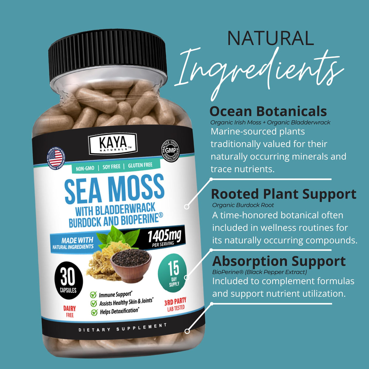 Gélules de mousse de mer Kaya Naturals avec ingrédients visibles