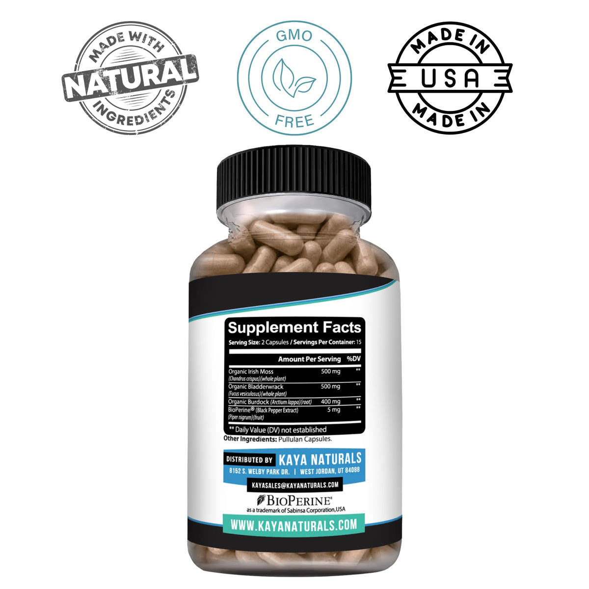Gélules de mousse de mer Kaya Naturals avec racine de bardane