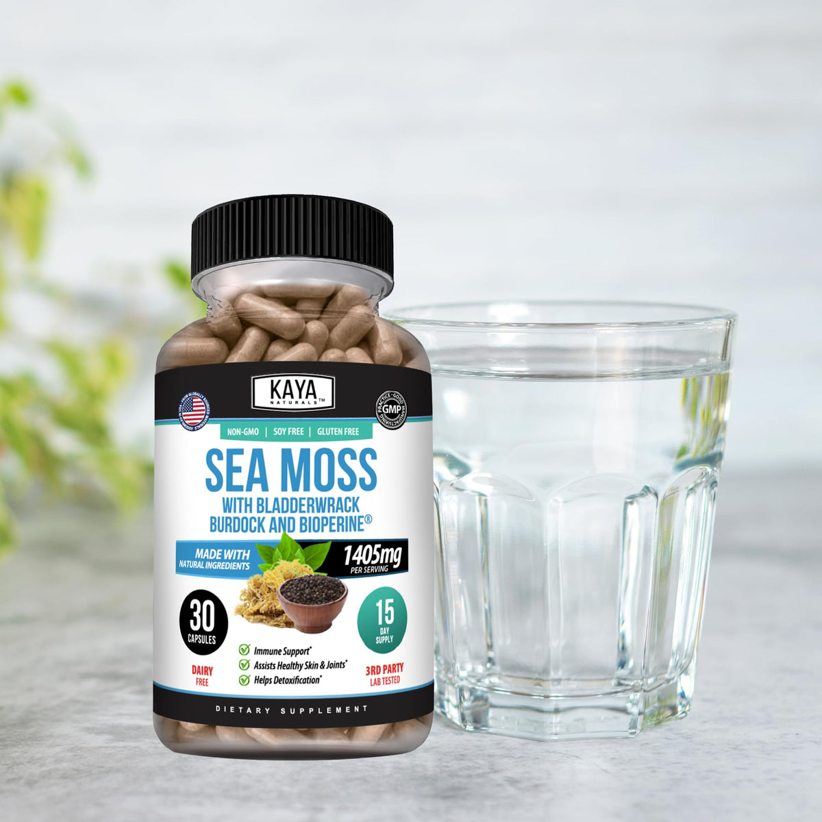 Gélules de mousse de mer Kaya Naturals dans un verre d'eau
