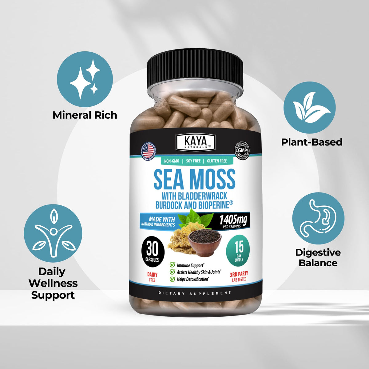 Gélules de mousse de mer Kaya Naturals sur fond blanc