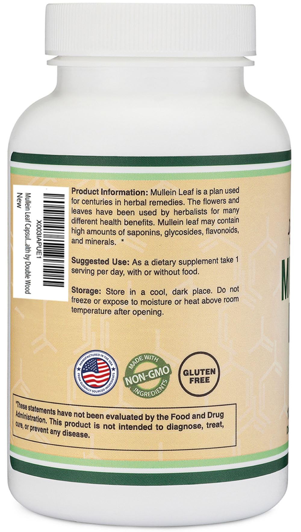 Gélules de Mullein Leaf de Double Wood, 1000mg, 180 capsules, vue de côté