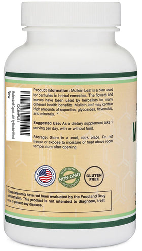 Gélules de Mullein Leaf de Double Wood, 1000mg, 180 capsules, vue de côté