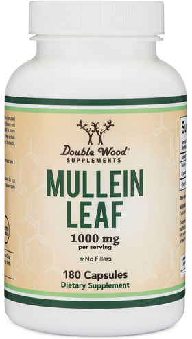 Gélules de Mullein Leaf de Double Wood, 1000mg, sur une table en bois
