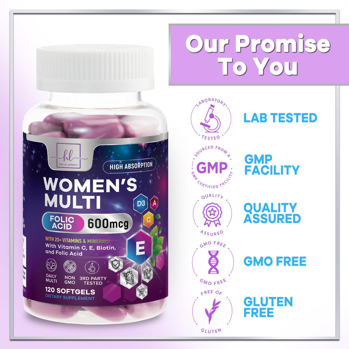Gélules de multivitamine Hello Lovely! présentées sur un fond blanc