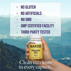 Gélules de NAKED Vitamine D3 5000 IU sur fond blanc