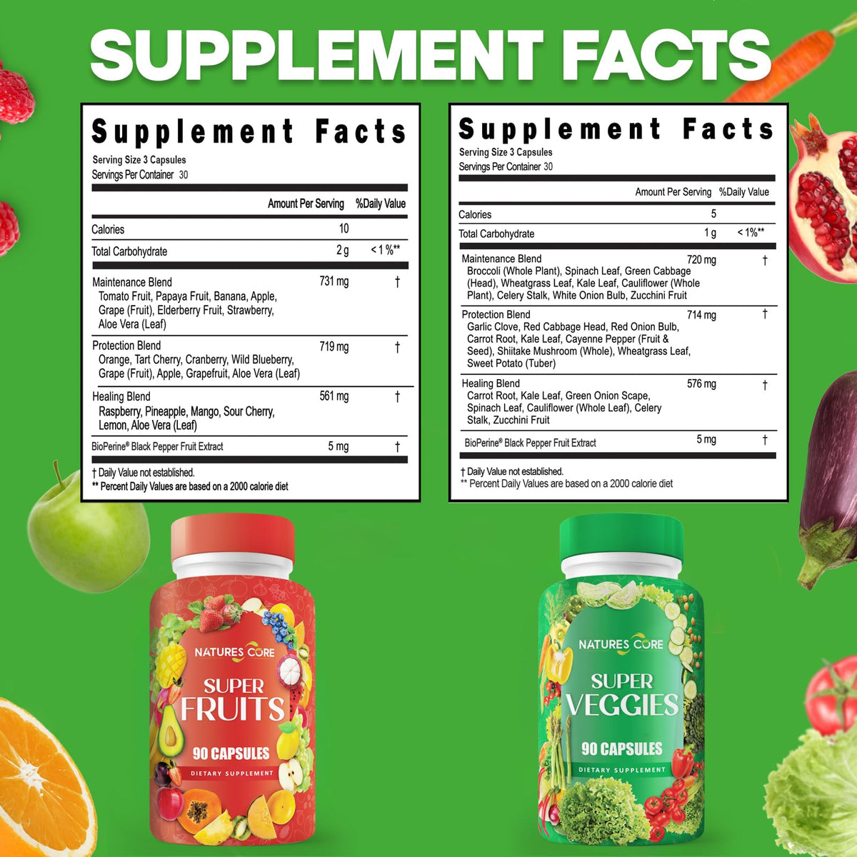 Gélules de Nature's Core Complément Alimentaire Fruits et Légumes à côté d'une assiette de fruits