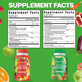Gélules de Nature's Core Complément Alimentaire Fruits et Légumes à côté d'une assiette de fruits