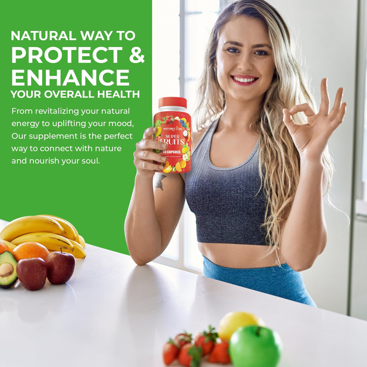 Gélules de Nature's Core Complément Alimentaire Fruits et Légumes sur fond blanc