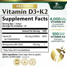 Gélules de Nature's Nutrition D3 K2 sur fond blanc