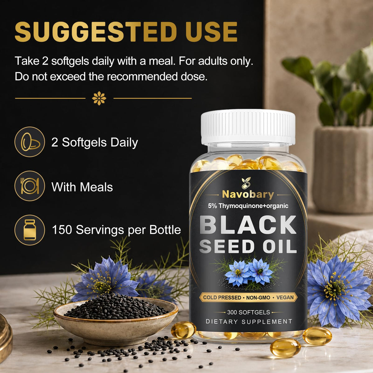Gélules de Navobary Huile de Nigelle avec étiquette et dosage