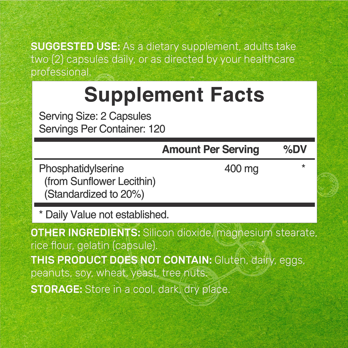 Gélules de phosphatidylsérine 400mg avec étiquette détaillée
