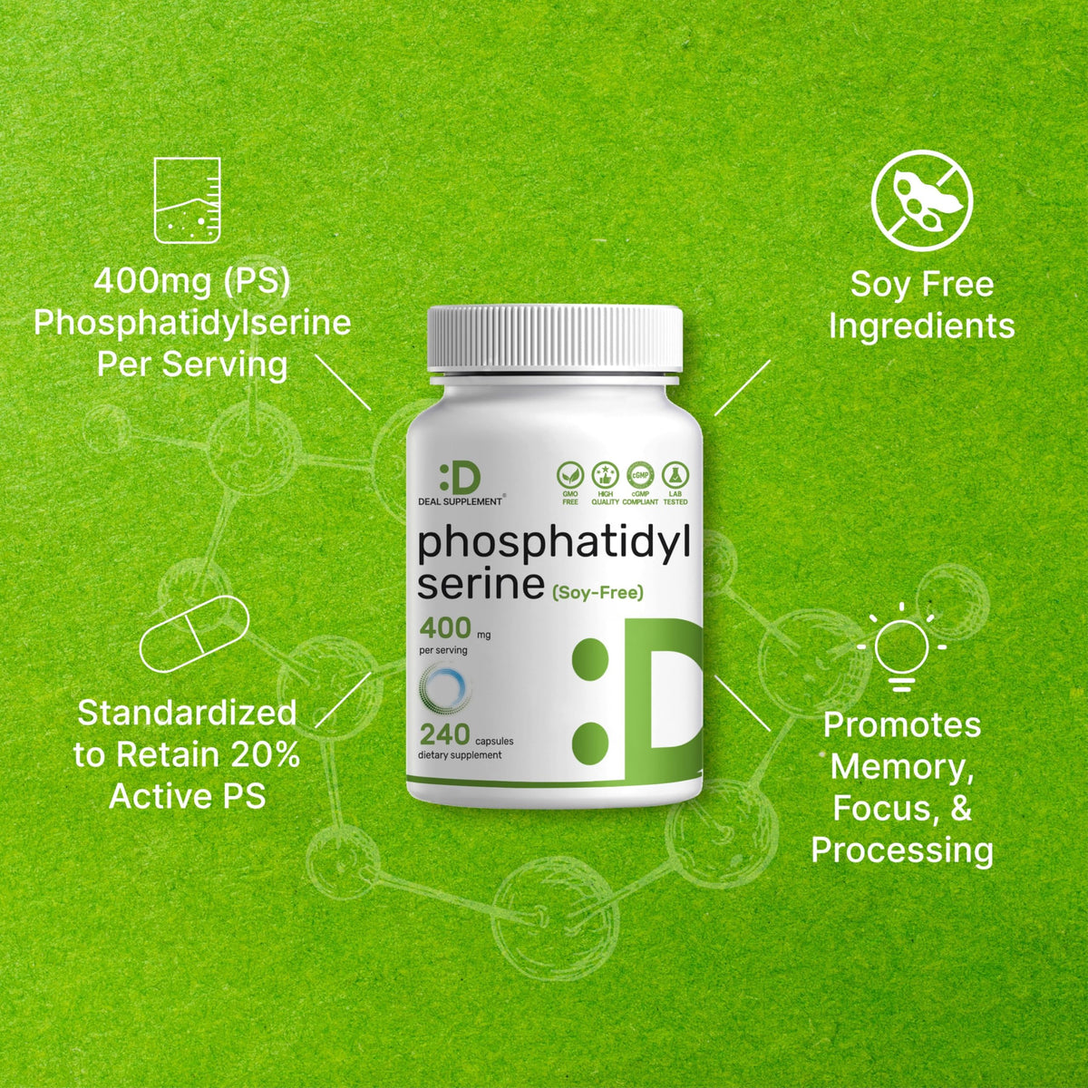 Gélules de phosphatidylsérine 400mg prêtes à être prises