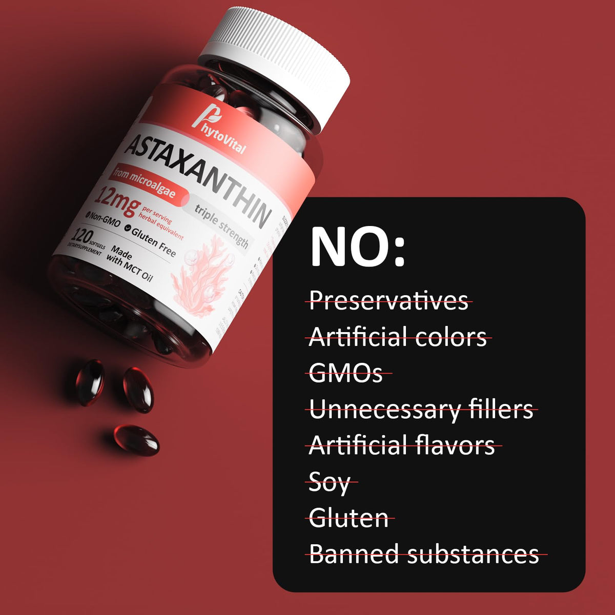 Gélules de PhytoVital Astaxanthin 12mg prises avec un verre d'eau