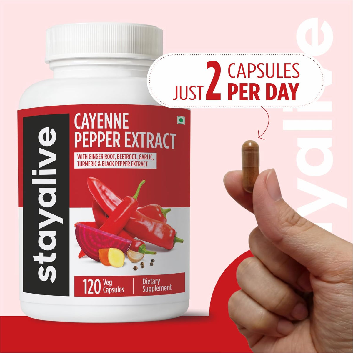 Gélules de Piment Cayenne STAY ALIVE, flacon ouvert avec capsules visibles