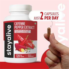 Gélules de Piment Cayenne STAY ALIVE, flacon ouvert avec capsules visibles