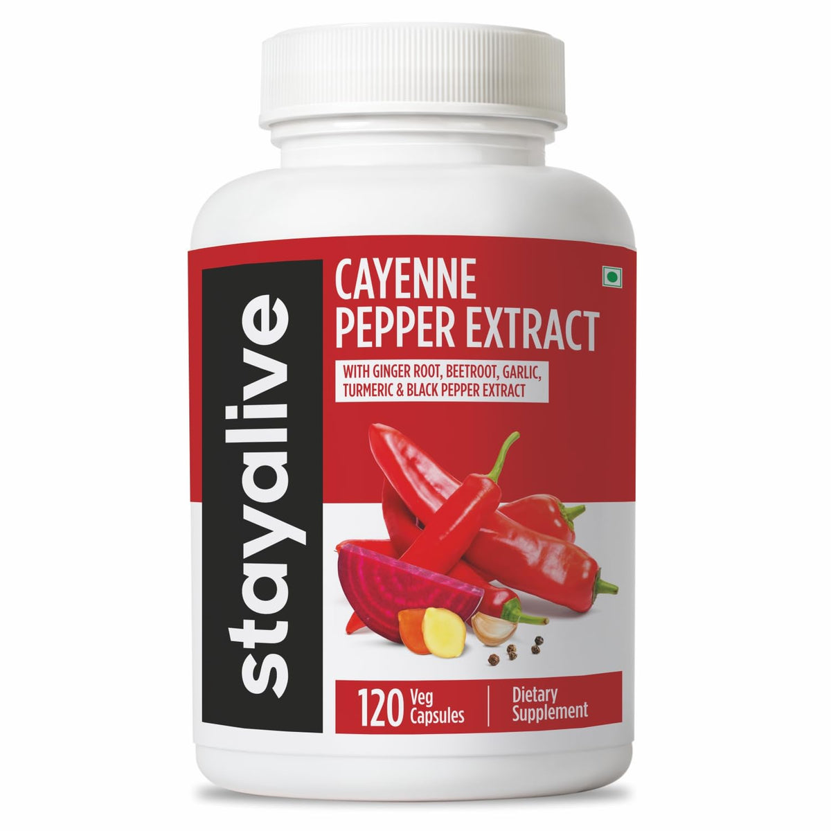 Gélules de Piment Cayenne STAY ALIVE vue de face, flacon de 120 capsules