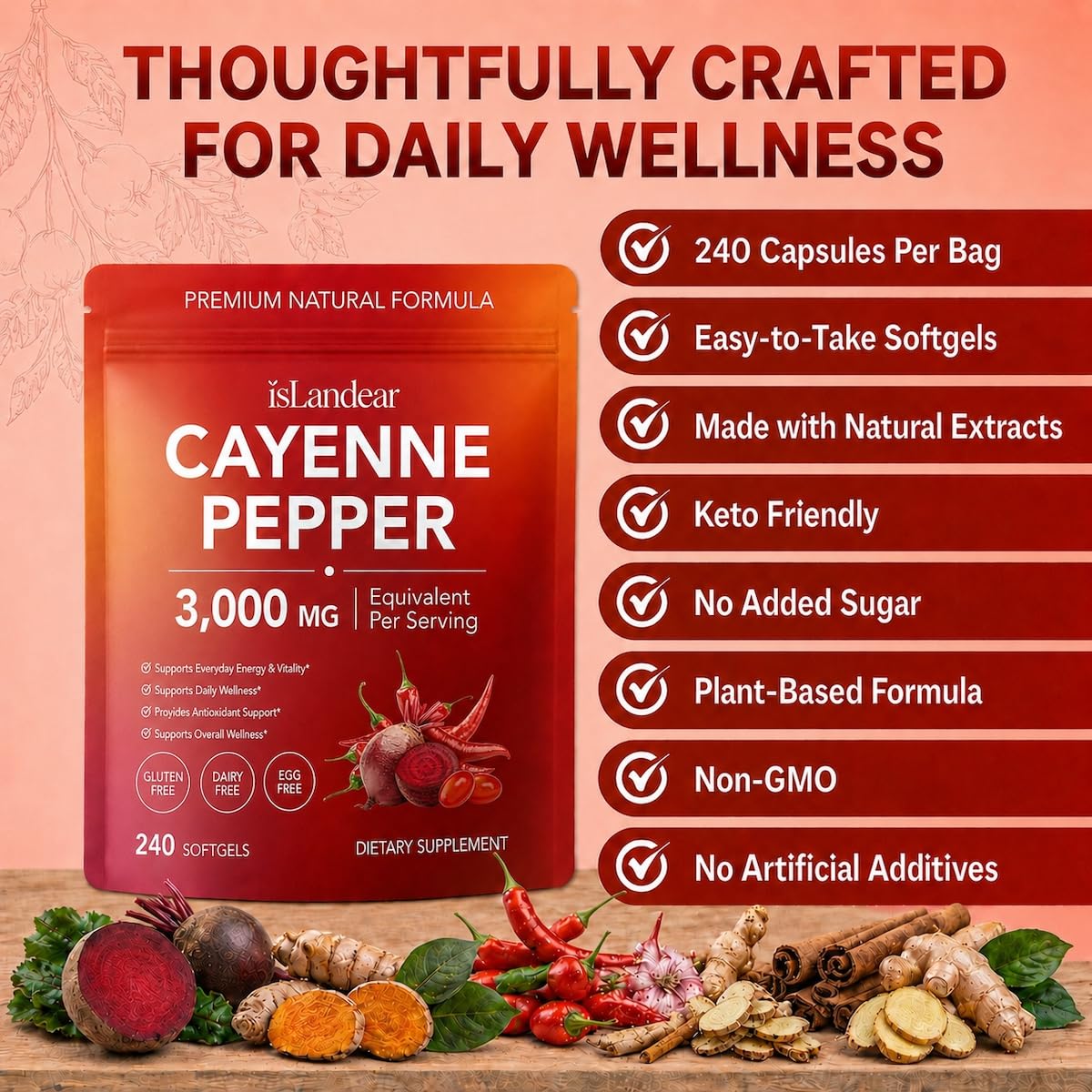 Gélules de poivre de cayenne isLandear sur un fond naturel