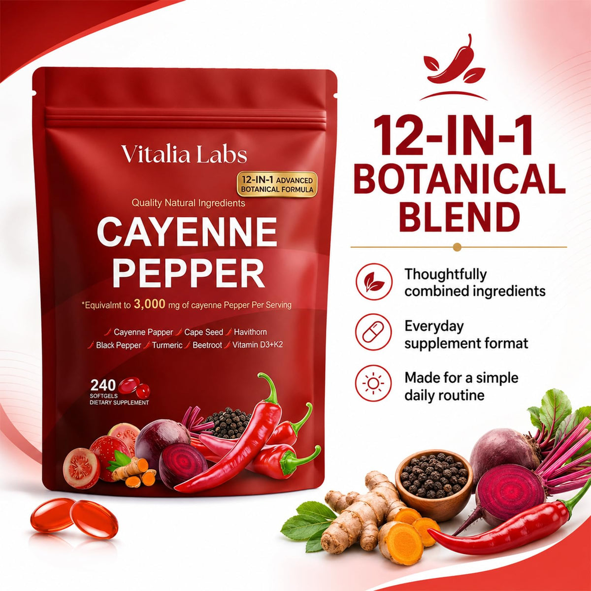Gélules de poivre de cayenne Vitalia avec ingrédients naturels