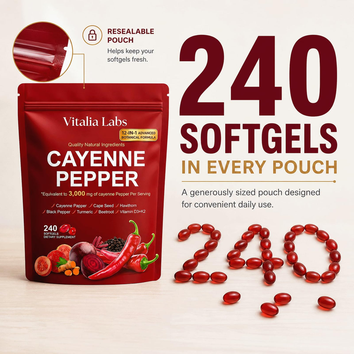 Gélules de poivre de cayenne Vitalia Labs, étiquette du produit