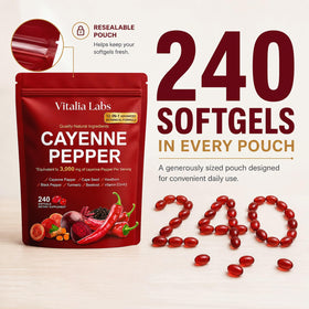 Gélules de poivre de cayenne Vitalia Labs, étiquette du produit