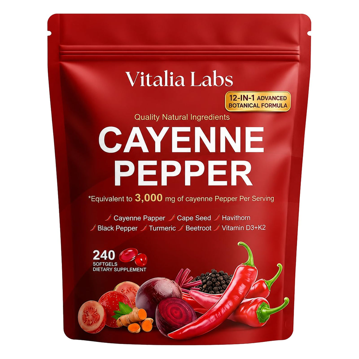 Gélules de poivre de cayenne Vitalia Labs, sachet de 240 softgels
