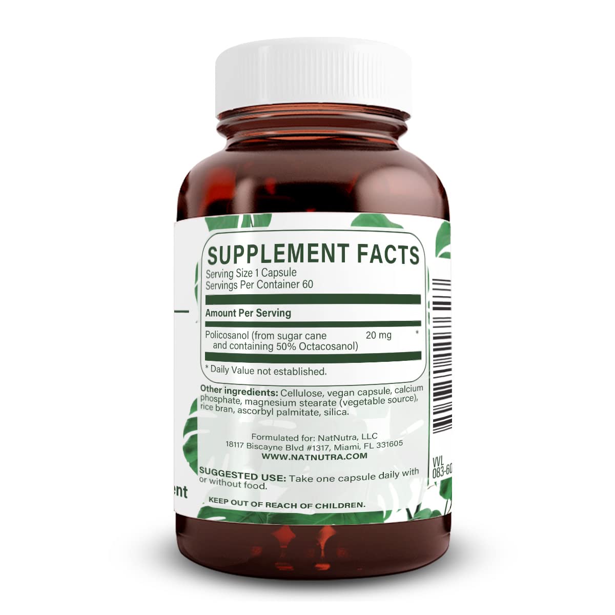 Gélules de Policosanol 20mg Natural Nutra sur fond blanc