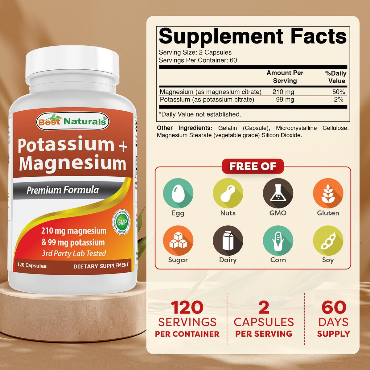 Gélules de potassium et magnésium Best Naturals sur fond blanc