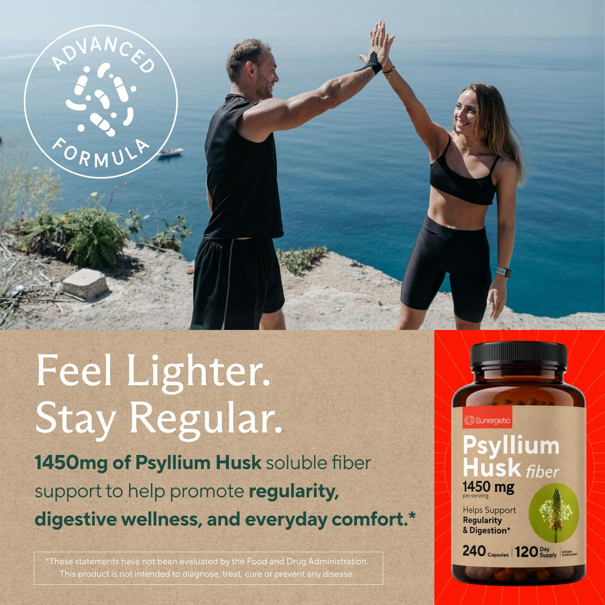 Gélules de psyllium Sunergetic dans un verre d'eau