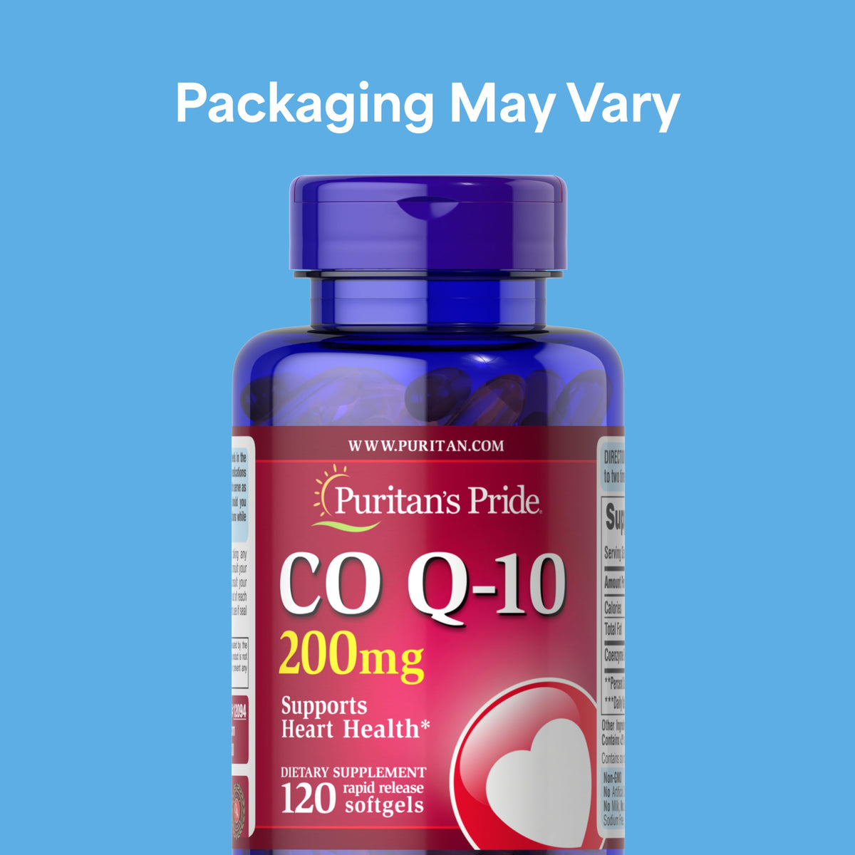 Gélules de Puritan's Pride Coenzyme Q10 sur fond blanc