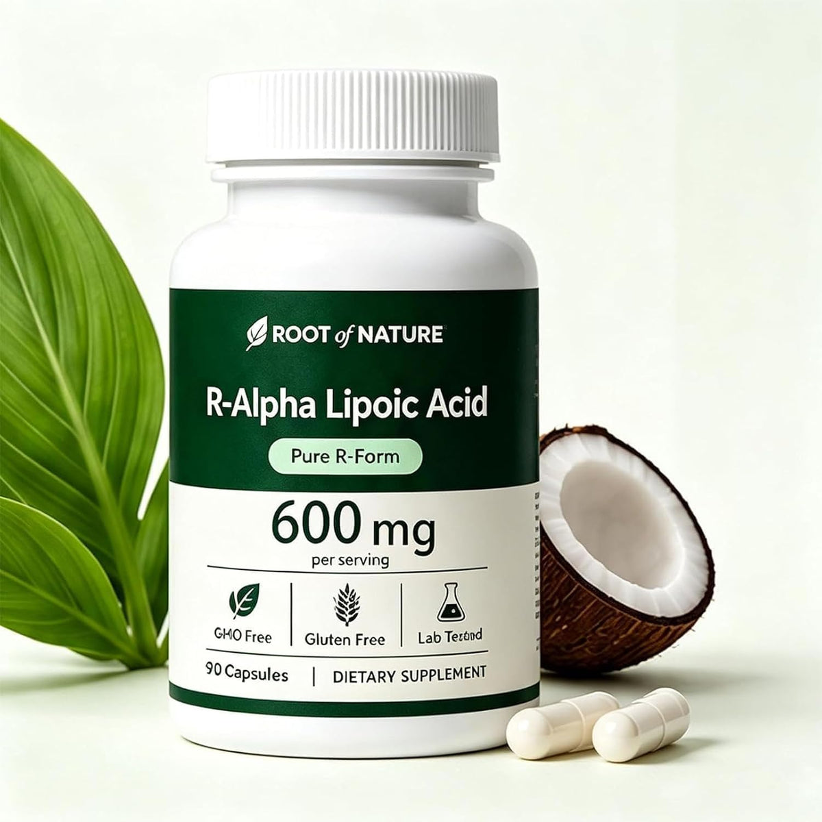 Gélules de R-Alpha Lipoic Acid avec huile de coco en gros plan